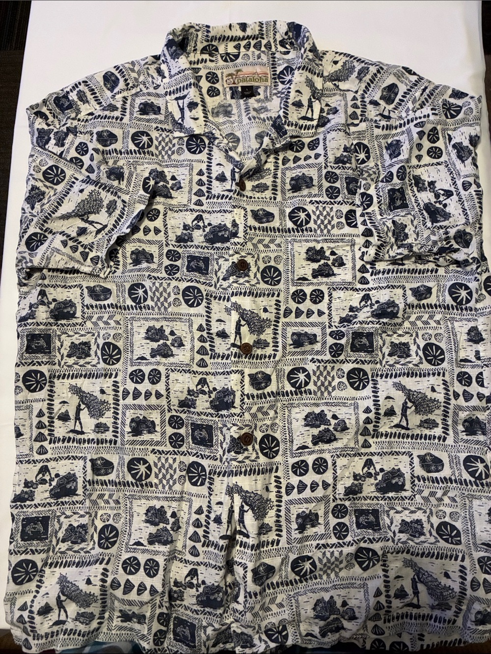 Casual Short-Sleeve Button-Down Shirt - White with Navy Print-limited edition